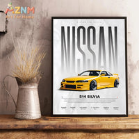 AZNM - Lienzo decorativo para pared con diseño de coche de carreras Nissan S14 Silvia JDM, amarillo, impresión sin marco, póster con especificaciones de coches deportivos clásicos japoneses