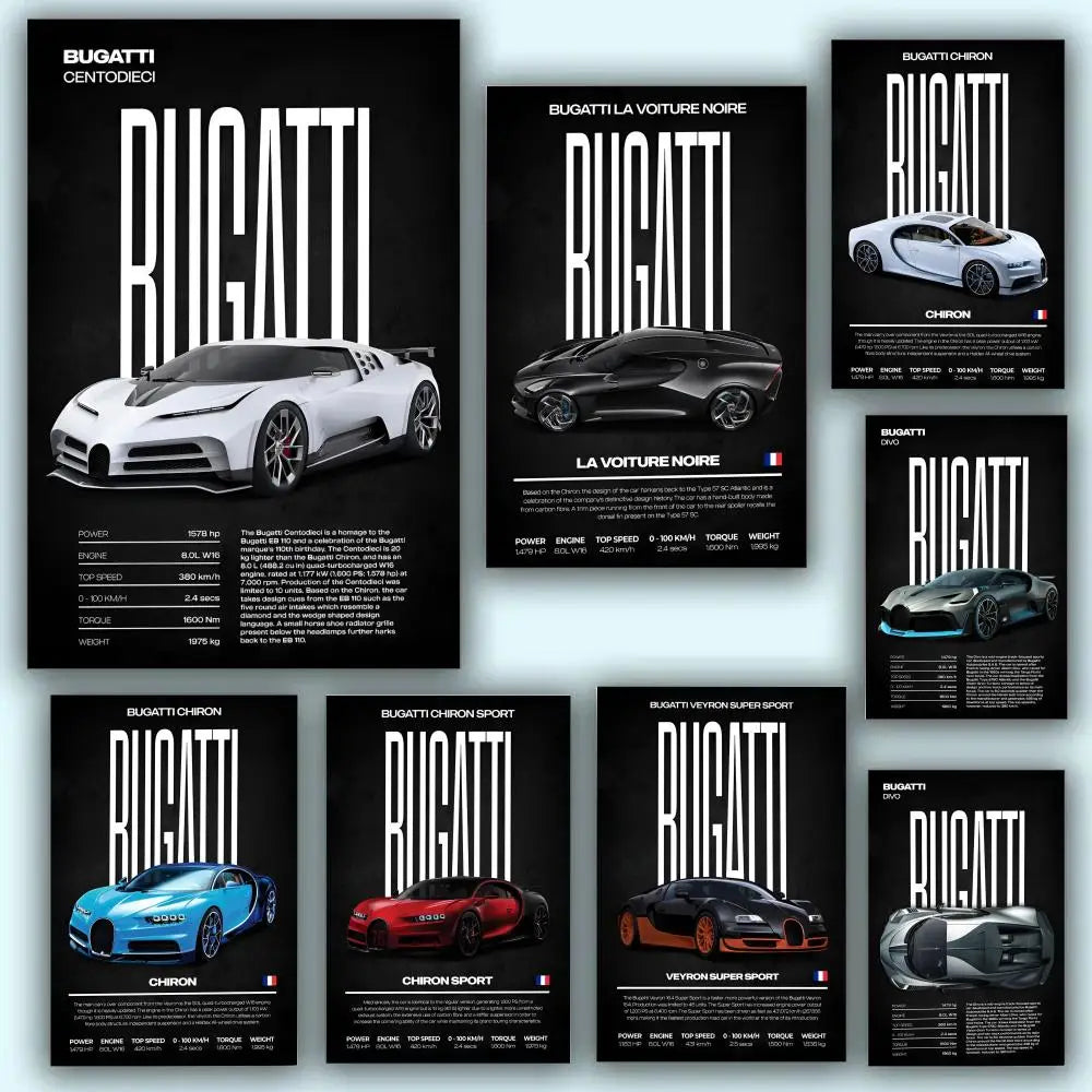 Póster de superdeportivo B-Bugatti, pegatinas, pintura mural, calcomanías de pared HD para dormitorio, sala de estar, decoración autoadhesiva para el hogar, regalo