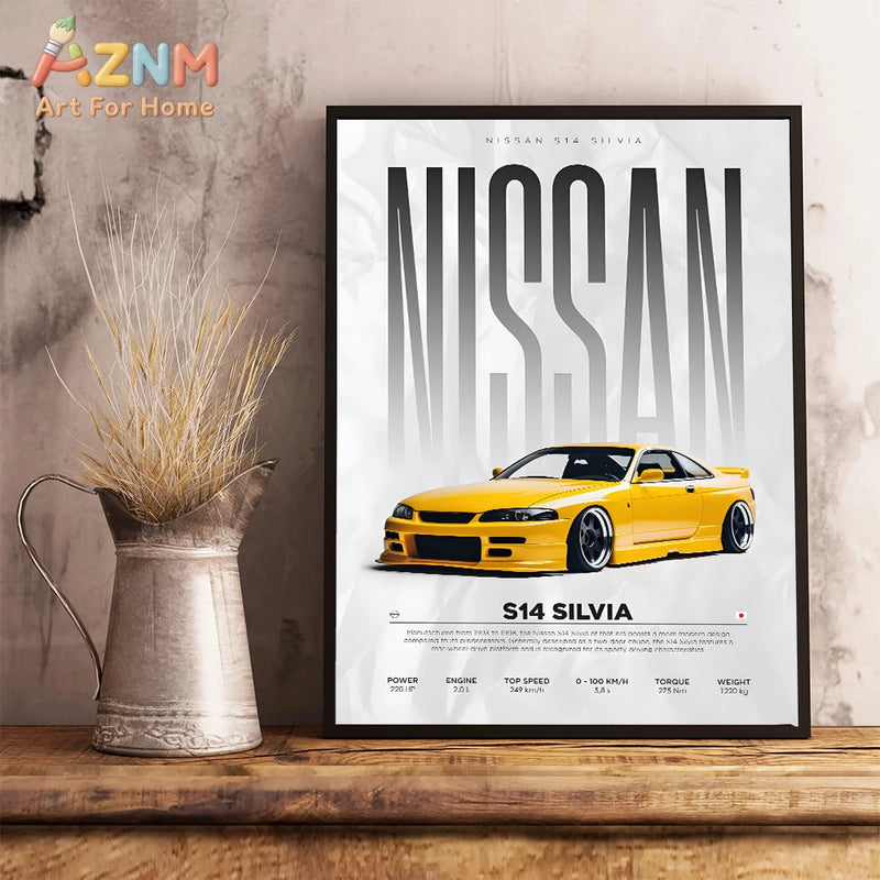AZNM - Lienzo decorativo para pared con diseño de coche de carreras Nissan S14 Silvia JDM, amarillo, impresión sin marco, póster con especificaciones de coches deportivos clásicos japoneses